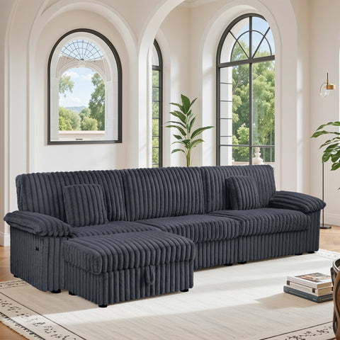 Homfa 3 Seater Sofa Couches with Ottoman Chaise, Comfy Corduroy Sofa with USB Port & Pillows for Living Room, Dark Gray