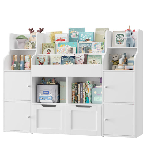 Homfa 4 Doors Kids Bookcase with 3 Tier Book Racks & 2 Mobile Drawers