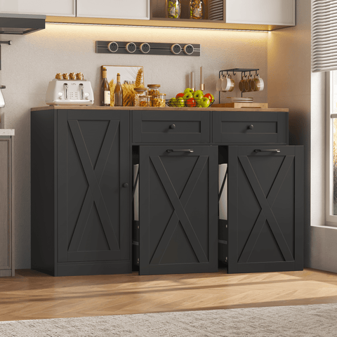Homfa 47.2W Kitchen Sideboard Credenza, Trash Can Cabinets Fits 13 Gallon Can, 2 Drawer Wood Buffet Storage Cabinet with Adjustable Shelf, Black