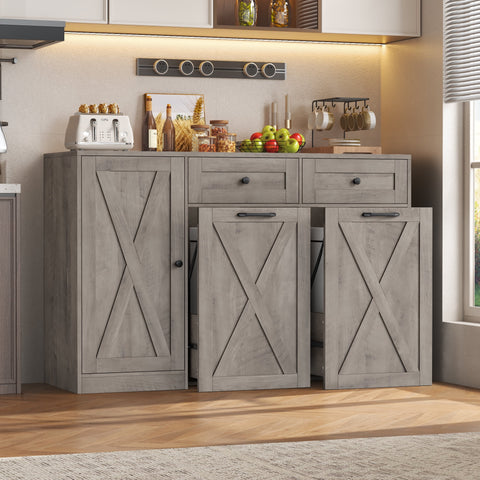 Homfa 47.2W Kitchen Sideboard Credenza, Trash Can Cabinets Fits 13 Gallon Can, 2 Drawer Wood Buffet Storage Cabinet with Adjustable Shelf, Wash Gray