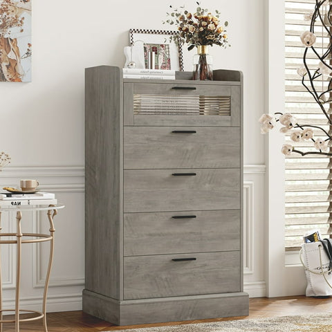 Homfa 5 Drawer Vertical Dresser for Bedroom, Glass Panel Wood Storage Cabinet for Living Room Entryway, Gray