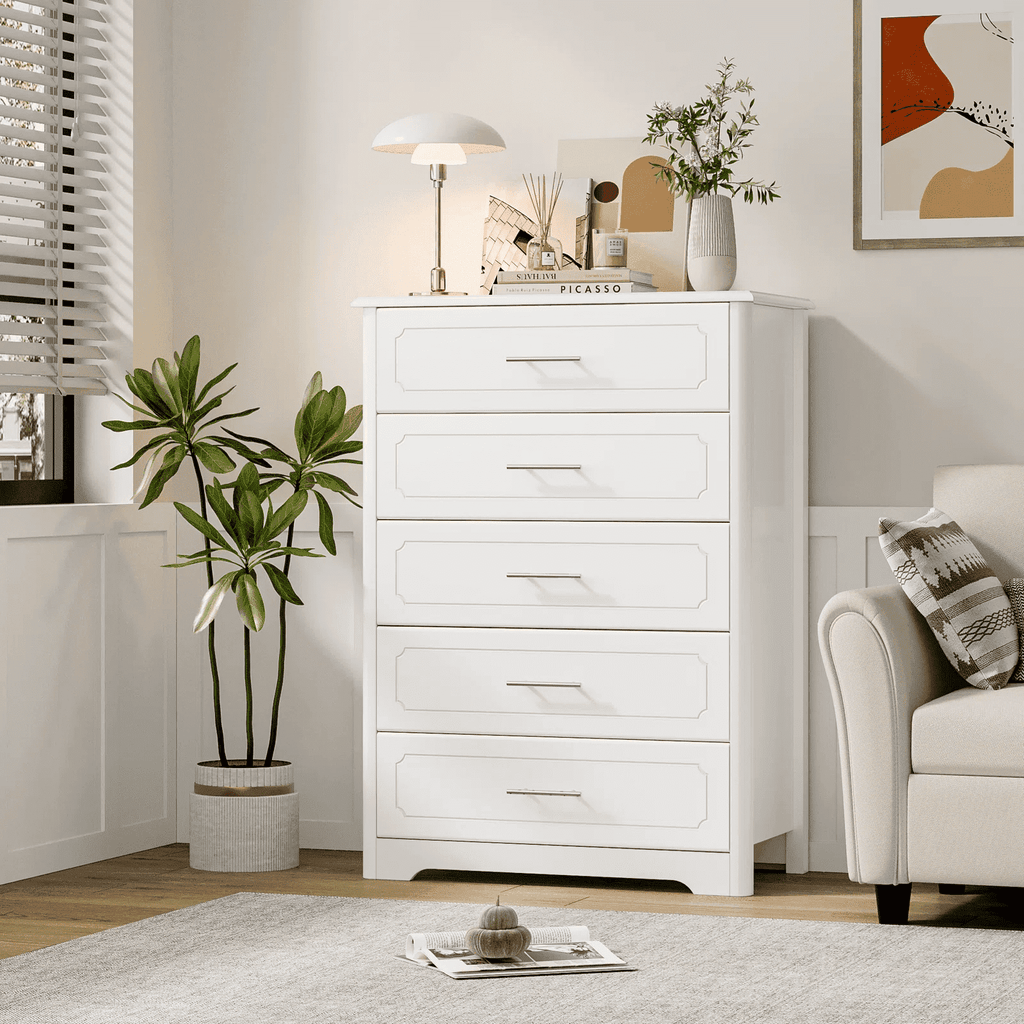 Homfa 5 Drawer White Dresser, Tall Chest of Drawer Wooden Storage Cabi myhomfa Homfa 5 Drawer White Dresser, Tall Chest of Drawer Wooden Storage Cabi myhomfa