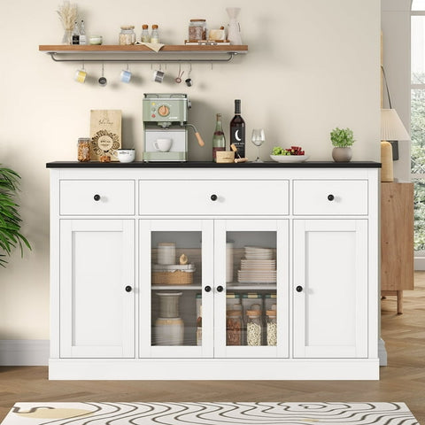 Homfa 55.1'' W Kitchen Buffet Cabinet with Adjustable Shelf, 3 Drawer Glass Door Wooden Sideboard Coffee Bar for Dining Room Living Room, White & Black
