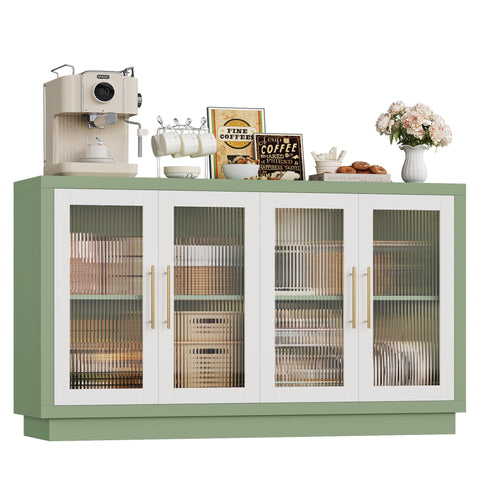 Homfa 55.1"W Modern Sideboard Buffet with Fluted Glass Doors, Accent Cabinet Console Table TV Stand, Green & White
