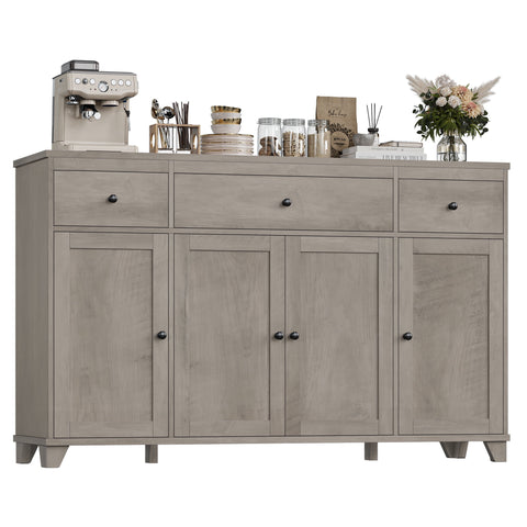 Homfa 55"W Kitchen Sideboard Credenza, 4-Doors 3-Drawer Wood Buffet Storage Cabinet with Adjustable Shelves, Wash Gray