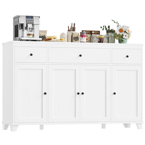 Homfa 55"W Kitchen Sideboard Credenza, 4-Doors 3-Drawer Wood Buffet Storage Cabinet with Adjustable Shelves, White