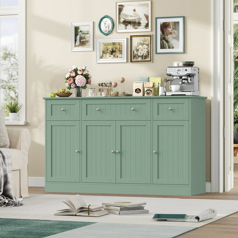 Homfa 55"W Sideboard Credenza with Adjustable Shelves, 4-Doors 3-Drawers Farmhouse Storage Buffet Cabinet, Coffee Bar Cabinet for Kitchen Dining Living Room, Green