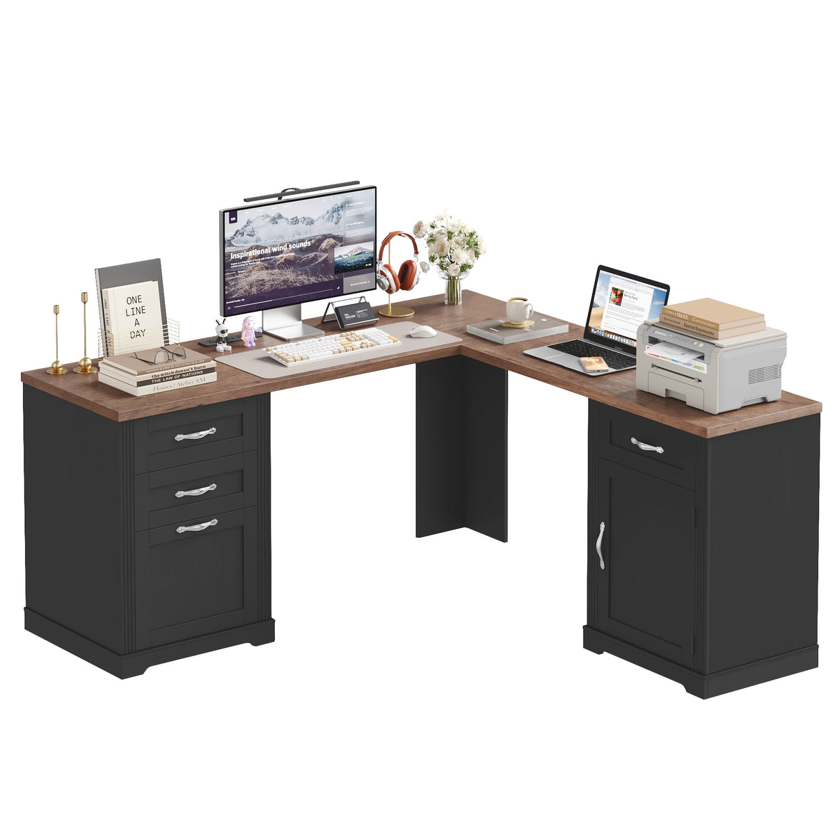 Homfa 59.8¡®¡¯W L-Shaped Computer Desk with 4 Drawers and Outlets, Mod ...