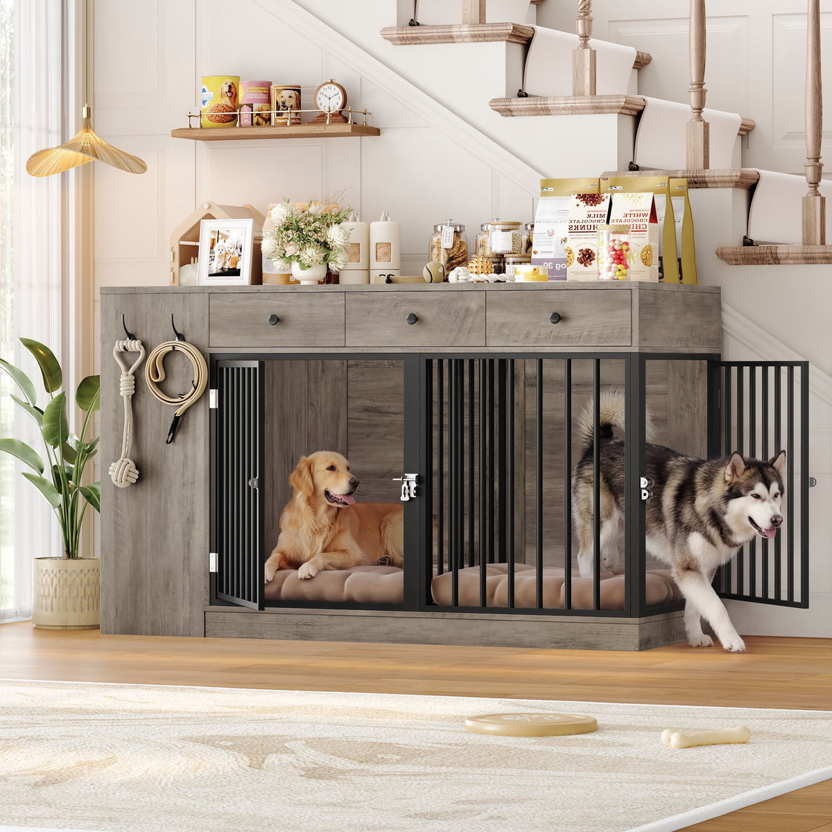 Homfa 59'' Large Double Dog Crate Furniture with 3 Drawers and Side Ca ...