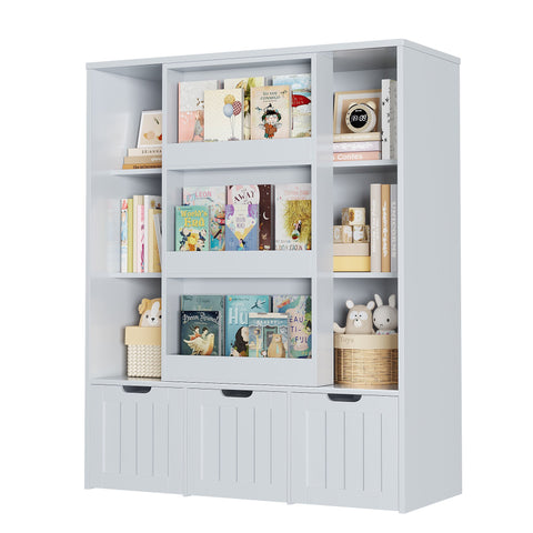 Homfa 6 Cube Toy Storage Organizer with Sliding Rack, Kids Bookcase and Bookshelf with 3 Drawers, Gray