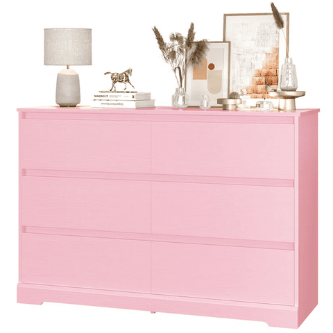 Homfa 6 Drawer Bedroom Double Dresser, 47.2'' Wood Storage Cabinet Chest of Drawer for Living Room, Pink