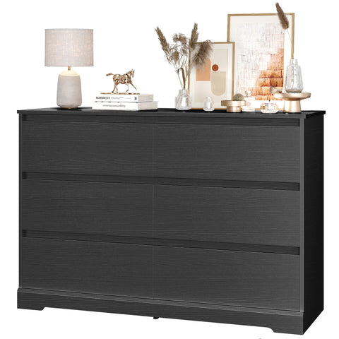 Homfa 6 Drawer Double Dresser for Bedroom, 47.2'' Wood Storage Side Cabinet Chest of Drawer Living Room, Black