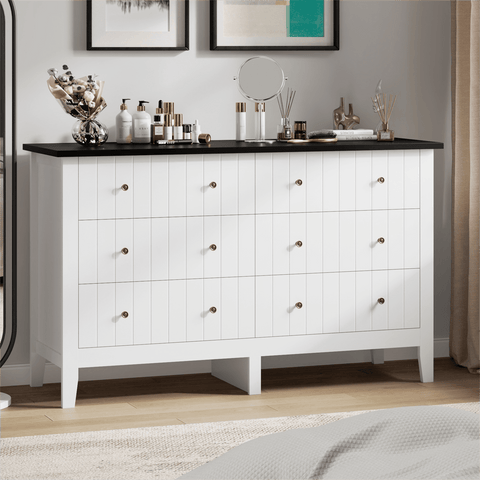 Homfa 6 Drawer Double Dresser for Bedroom, Modern Wood Storage Cabinet with Classic Handle for Living Room, White/Black