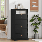 Homfa 6 Drawer Tall Black Bedroom Dresser with Shelf, Glass Door Modern Wood Storage Cabinet for Living Room