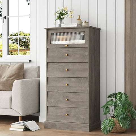 Homfa 6 Drawer Tall Gray Bedroom Dresser with Shelf, Glass Door Modern Farmhouse Wood Storage Cabinet for Living Room