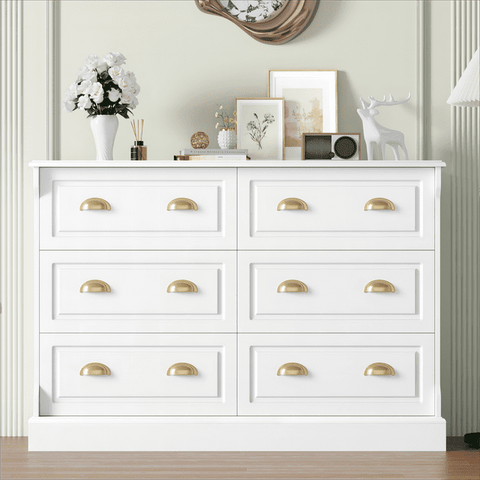 Homfa 6 Drawer White Double Dresser for Bedroom, Gold Handle Drawer Chest Wood Storage Cabinet for Living Room, White