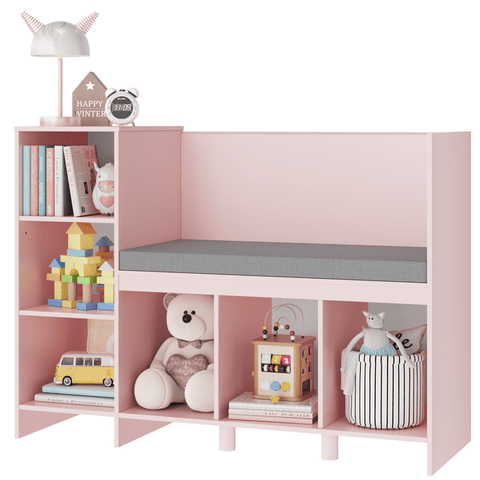 Homfa 6 Storage Cube Organizer, Open Toy Display Bookshelf with Seat for Kids Room, Pink Finish