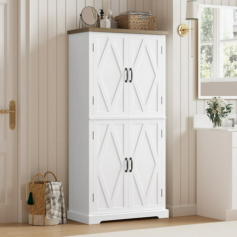 Homfa 64.3" Tall Farmhouse Bathroom Cabinet with Adjustable Shelf Board, 4 Door Modern Freestanding Floor Cabinet, White