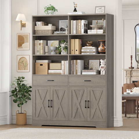 Homfa 69'' Tall Bookshelf with Drawers & Doors, 6-Tiers Double Wide Bookcases and Bookshelves with Adjustable Shelves for Living Room Home Office, Gray