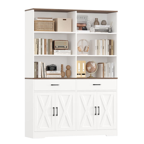 Homfa 69'' Tall Bookshelf with Drawers & Doors, 6-Tiers Double Wide Bookcases and Bookshelves with Adjustable Shelves for Living Room Home Office, White