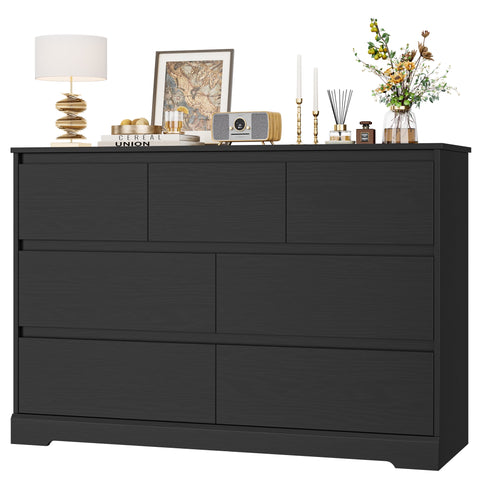 Homfa 7 Drawer Double Dresser, 47.2"W Contemporary Wood Chest of Drawer Storage Cabinet for Bedroom Living Room, Black