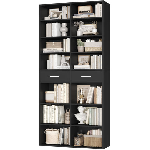 Homfa 7-Tier Bookcase with 2 Drawers, 72.8" H Double Wide Bookcase with 4 Adjustable Shelves for Study Office Living Room, Black