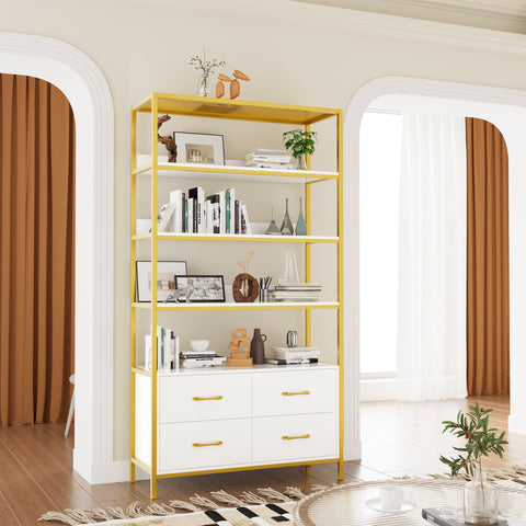 Homfa 70.9?¡À Bookshelf with 4 Drawers, 4 Tier Wooden Open Bookcase with Metal Frame for Living Room Home Office, White & Gold