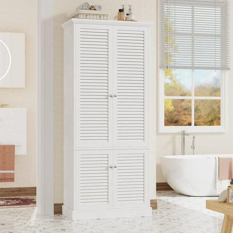 Homfa 70.9"H Bathroom Storage Cabinet, Coastal 4 Louvered Doors Linen Storage Cabinet, White