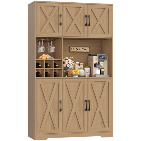 Homfa 70.9''H Kitchen Pantry with Microwave Countertop, Farmhouse Buffet Hutch, Floor 6 Doors Cupboard Storage Cabinet for Dining Room Kitchen, Nature