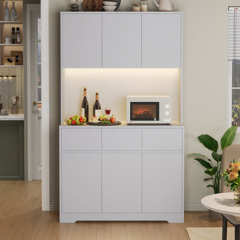 Homfa 70.9'' Kitchen Pantry Hutch with Charge Station & Led Light, 3 Drawer Storage Cabinet with Adjustable Shelves, Gray