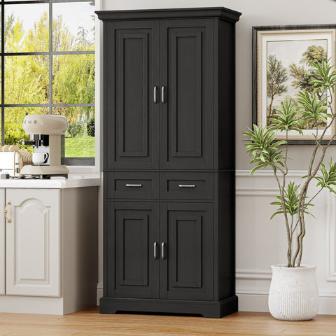 Homfa 70.9'' Tall Kitchen Pantry with 4 Doors, 2 Drawer Modern Freestanding Storage Cabinet for Dining Room Living Room, Black