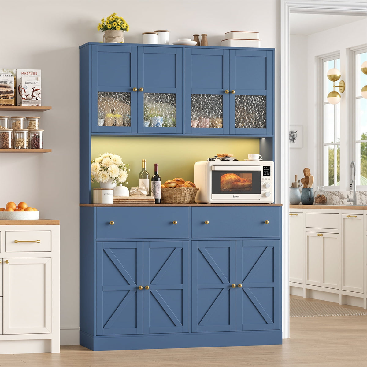 Homfa 71'' Kitchen Pantry Cabinet with LED Lights & Charging Station ...