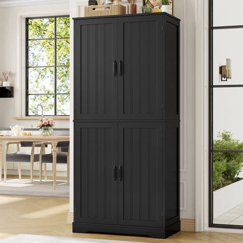 Homfa 71'' Kitchen Pantry Cabinet with 4 Doors, Modern Black Storage C ...