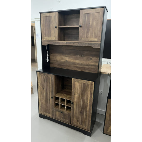 Homfa 71'' Kitchen Pantry Hutch with Charging Station and LED Light, Buffet Storage Cabinet with Wine Hold and Adjustable Shelves, Black & Oak