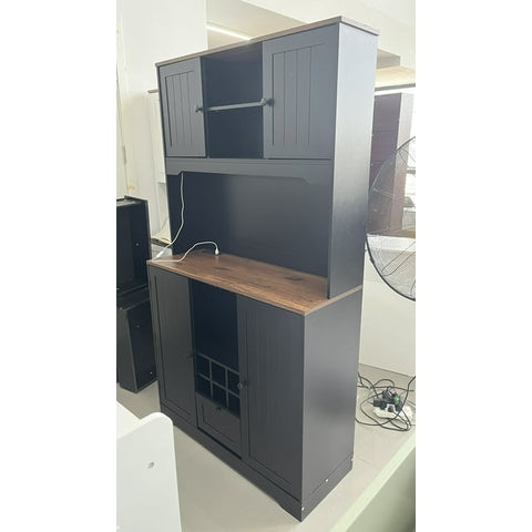 Homfa 71'' Kitchen Pantry Hutch with Charging Station and LED Light, Buffet Storage Cabinet with Wine Hold and Adjustable Shelves, Black