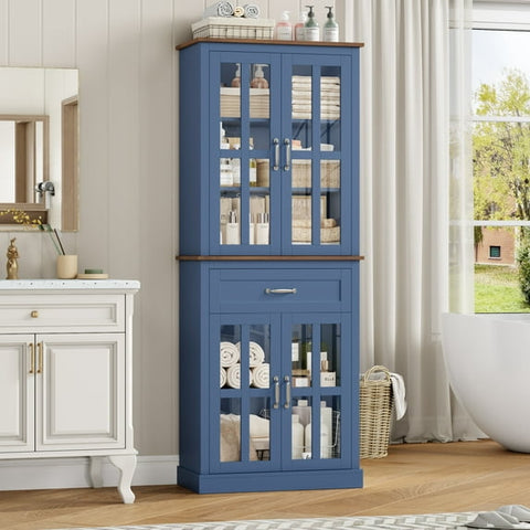 Homfa 71" Tall Bathroom Cabinet with Glass Doors, Freestanding Linen Cabinet with Drawer & Adjustable Shelves, Blue