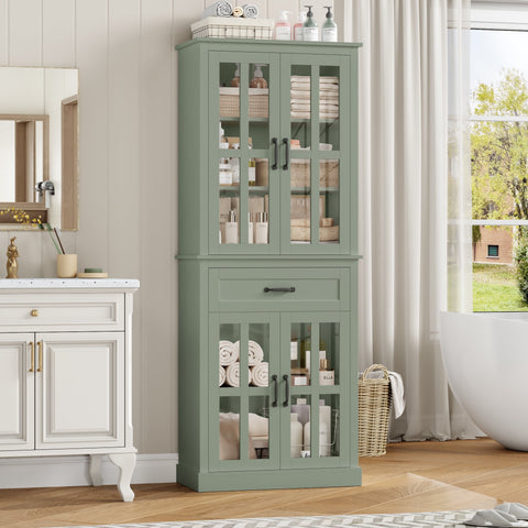 Homfa 71" Tall Bathroom Cabinet with Glass Doors, Freestanding Linen Cabinet with Drawer & Adjustable Shelves, Green
