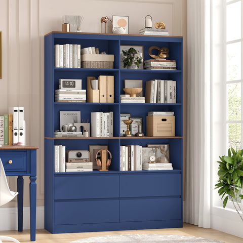 Homfa 71″ Tall Bookcase with 4 Drawers, 8 Cubes 6-Tier Double Row Bookshelf, Bookcase for Home Office Living Room, Blue