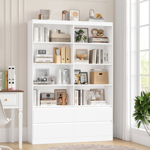 Homfa 71″ Tall Bookcase with 4 Drawers, 8 Cubes 6-Tier Double Row Bookshelf, White Bookcase for Home Office Living Room