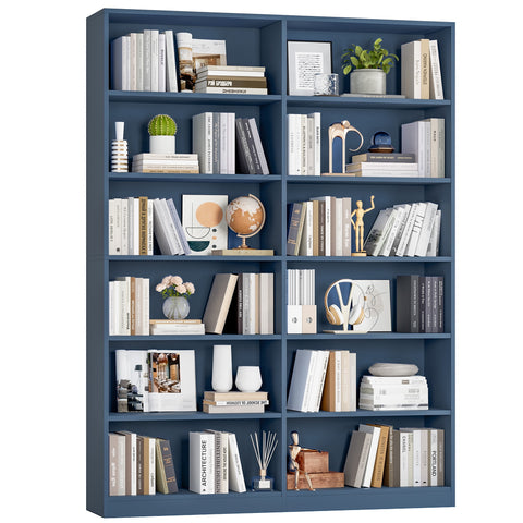 Homfa 74.3¡± Double Wide 6-Tier Bookcase, Extra Large Wooden Freestanding Display Bookshelf for Home Office Living Room, Blue
