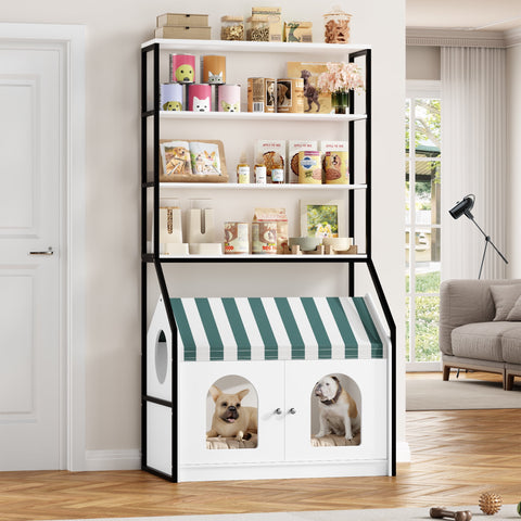 Homfa 75''H x 37''W Dog Crate Furniture with 4-Tier Storage Shelves, Wood & Metal Dog Crate with 2 Doors, Dog Kennel Indoor for Small/Medium/Large Dog