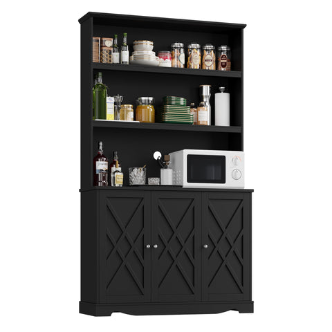 Homfa 77.2?¡À Kitchen Pantry Cabinet with Microwave Stand, 3 Door Hutch Storage Cabinet with Shelves for Kitchen Living Room, Black