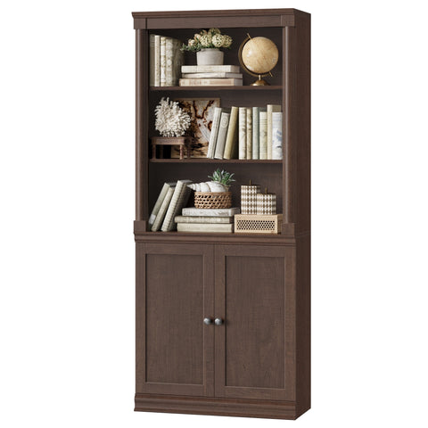 Homfa Bark Grain Bookcase with 2 Doors and Roman Pillars, 71.3 H File Cabinet with Adjustable Shelf, 5-Tier Bookshelf for Study Home Office, Reddish-Brown