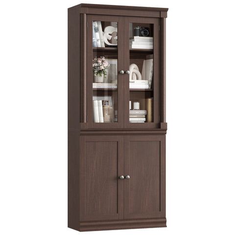 Homfa Bark Grain Bookcase with Tempered Glass Doors and Roman Pillars, 71.3 H File Cabinet with Adjustable Shelf, 5-Tier Bookshelf for Study Home Office, Reddish-Brown