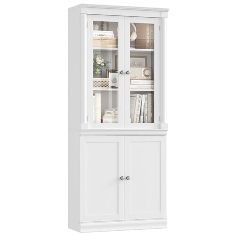 Homfa Bark Grain Bookcase with Tempered Glass Doors and Roman Pillars, 71.3 H File Cabinet with Adjustable Shelf, 5-Tier Bookshelf for Study Home Office, White