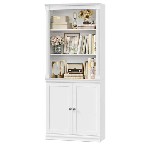 Homfa Bark Grain Bookcase with 2 Doors and Roman Pillars, 71.3 H File Cabinet with Adjustable Shelf, 5-Tier Bookshelf for Study Home Office, White