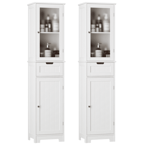 Homfa Bathroom Storage Tower Set of 2, Narrow Linen Cabinet with Door and Drawers, Tall Bathroom Storage Cabinet for Small Spaces, White