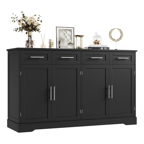 Homfa Buffet Cabinet with 4 Drawers, 59"W Sideboard Buffet Storage Cabinet with Shelves and 4 Doors, for Kitchen, Living Room, Bedroom, Black