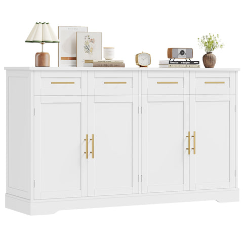 Homfa Buffet Cabinet with 4 Drawers, 59"W Sideboard Buffet Storage Cabinet with Shelves and 4 Doors, for Kitchen, Living Room, Bedroom, White