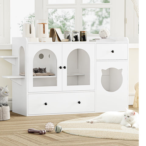 Homfa Cat Litter Box Furniture Hidden, Wooden Cat Washroom Cabinet with Divider and Feeder Station, White